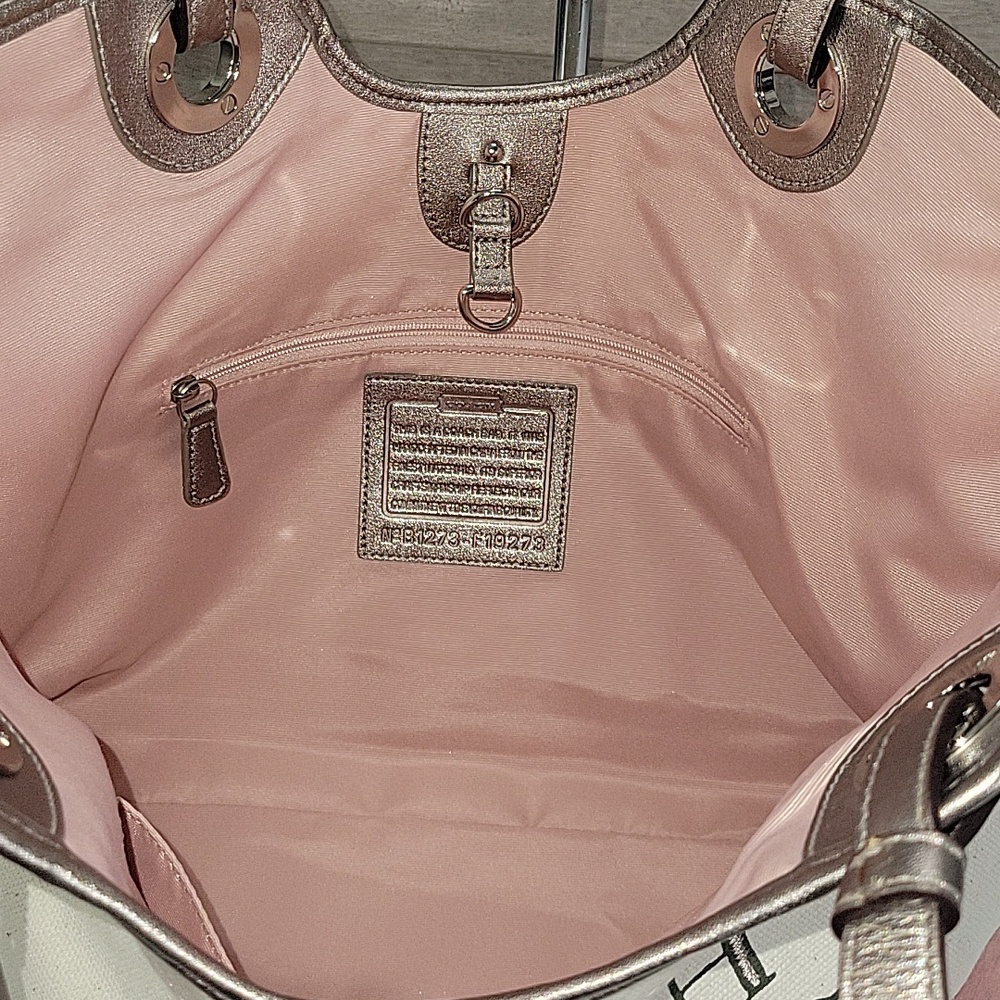 Coach Canvas Tote with Pink Stripe and Seashell Motif Tote Shoulder Bag F19273 - Picture 14 of 16